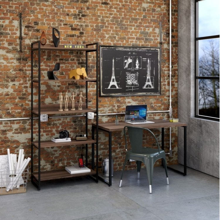 Conjunto Home Office 2 Peças com 1 Escrivaninha e 1 Estante 5 Prateleiras Kuadra Compace Nogal