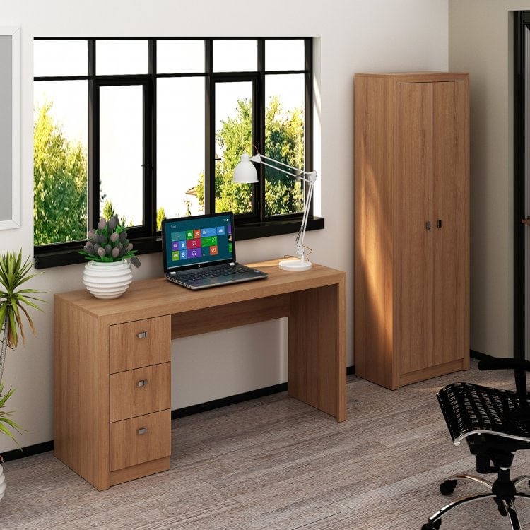 Conjunto Home Office Escrivaninha 3 Gavetas Armário 2 Portas Tecno Mobili Amendoa
