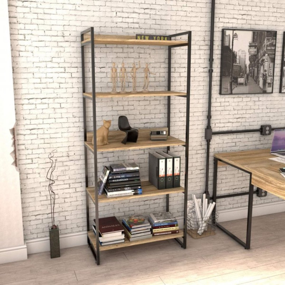 Estante Multiuso 5 Prateleiras 187cmx80cm Industrial Kuadra Compace Carvalho