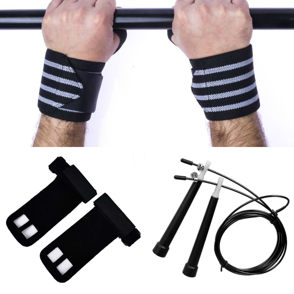 Kit Crossfit Corda Speed + Munhequeiras Profissional (Par) + Luva hand Grip Couro (Par)