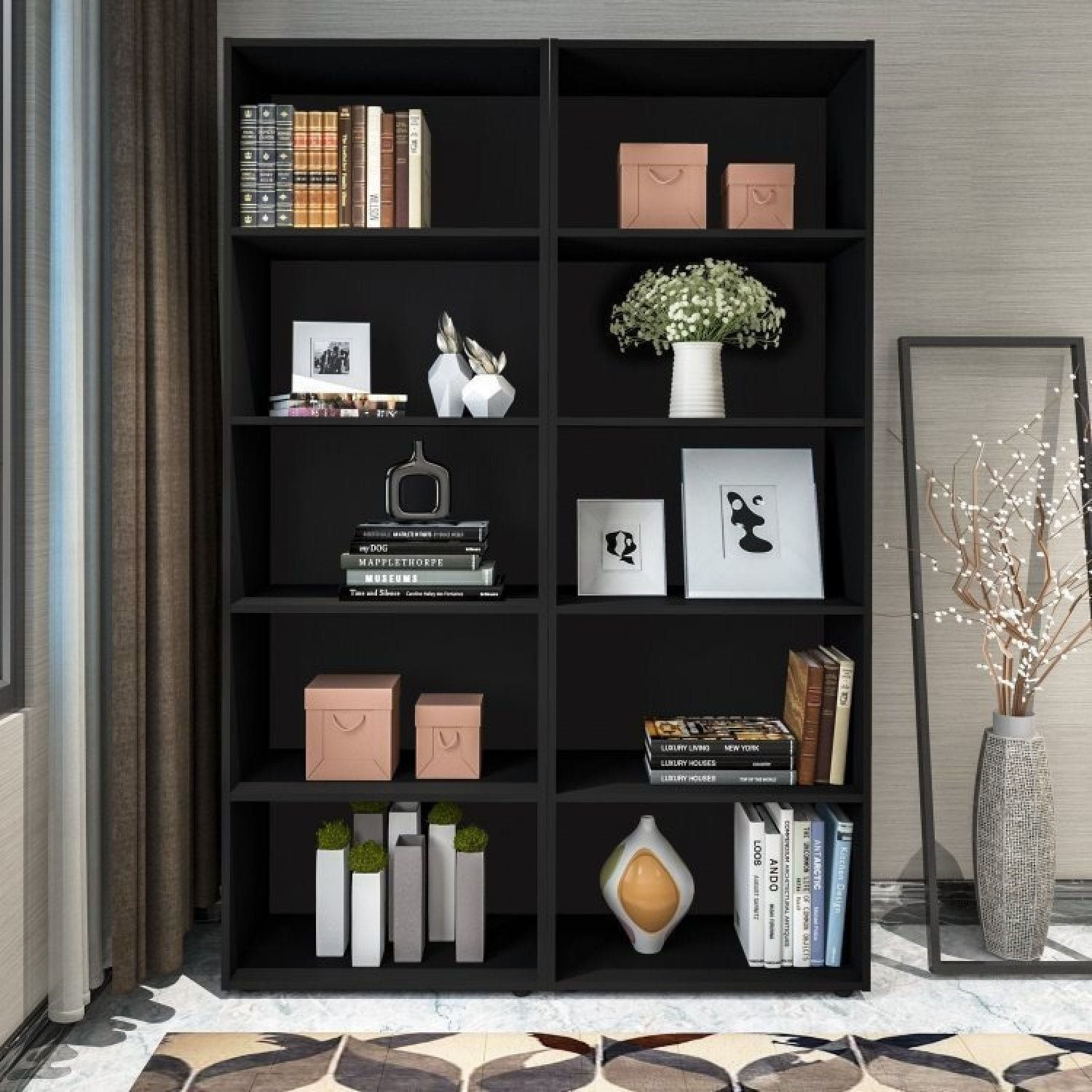 Kit 2 Estantes Para Livros 5 Prateleiras 180cmx120cm Multy Preto Preta
