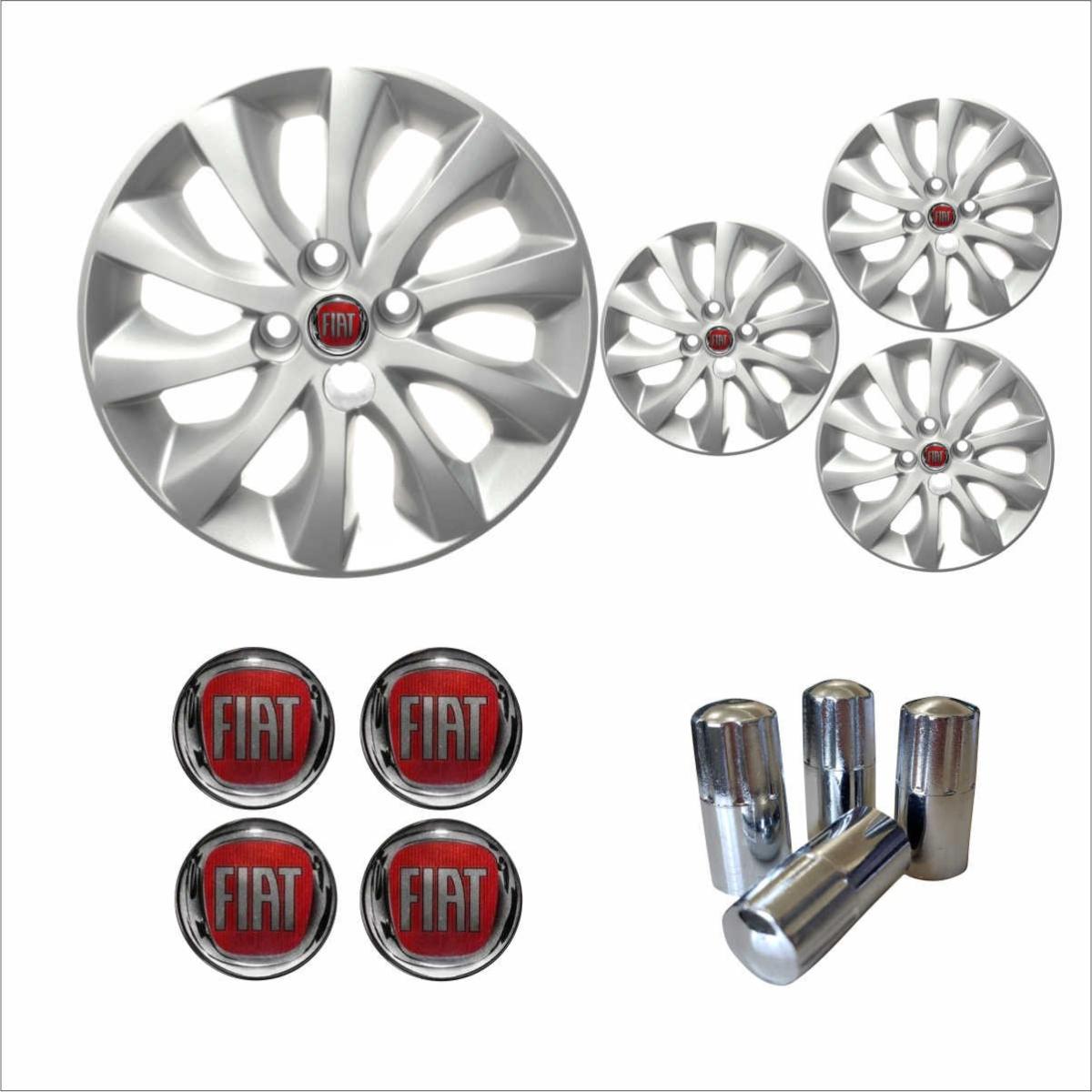 Jogo Calota Aro 15 Idea 2014 à  2016 Fiat + Emblema Resinado + Tampa Ventil Cromada
