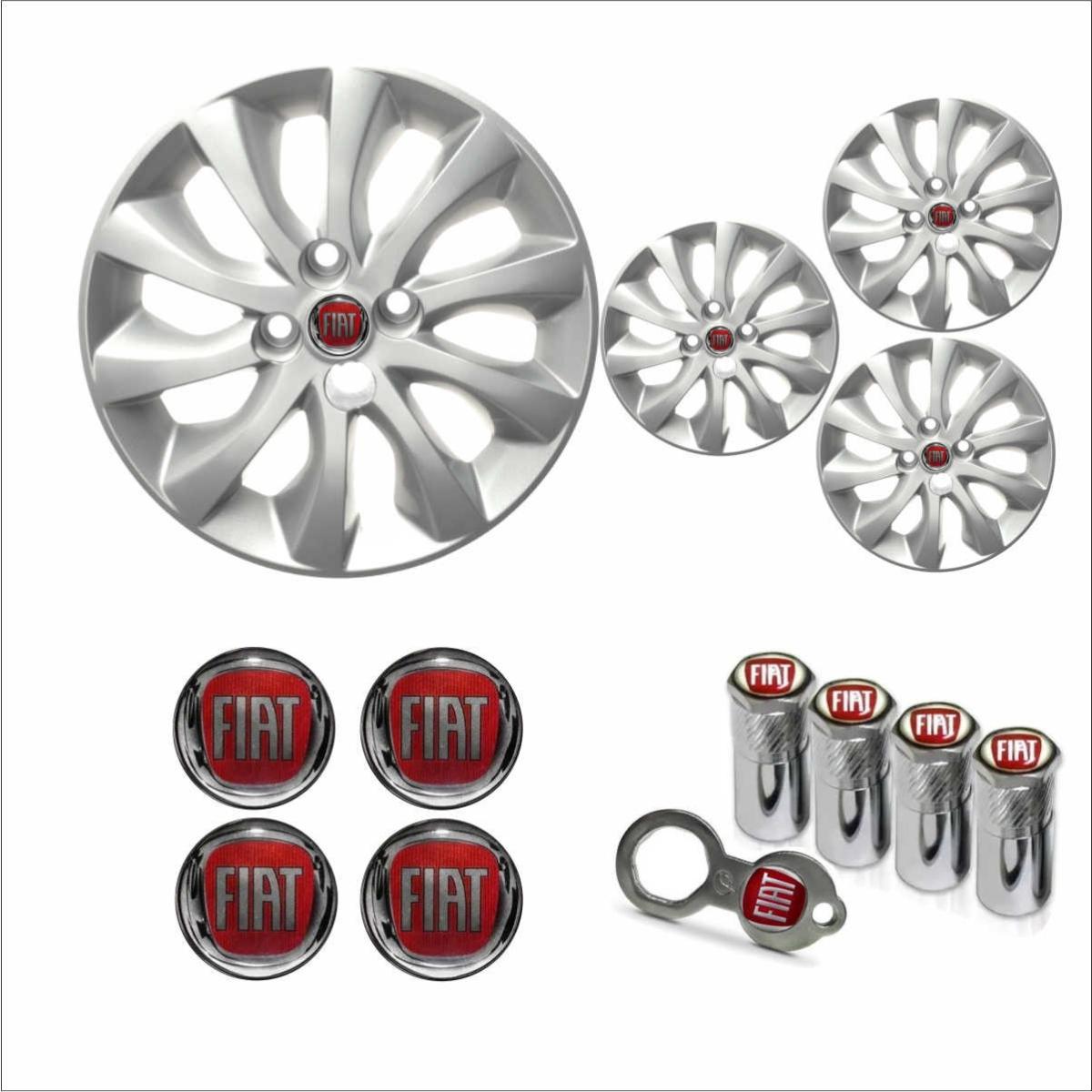 Jogo Calota Aro 15 Idea 2014 à  2016 Fiat + Emblema Resinado + Tampa Ventil Antifurto