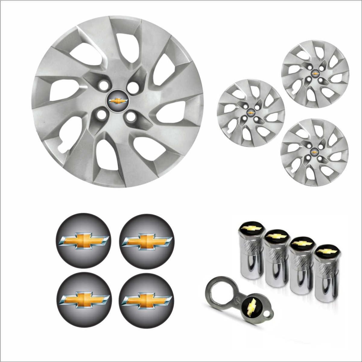 Jogo Calota Aro 15 Onix Prisma 2014 à  2016 Chevrolet GM + Emblema Resinado + Tampa Ventil Antifurto