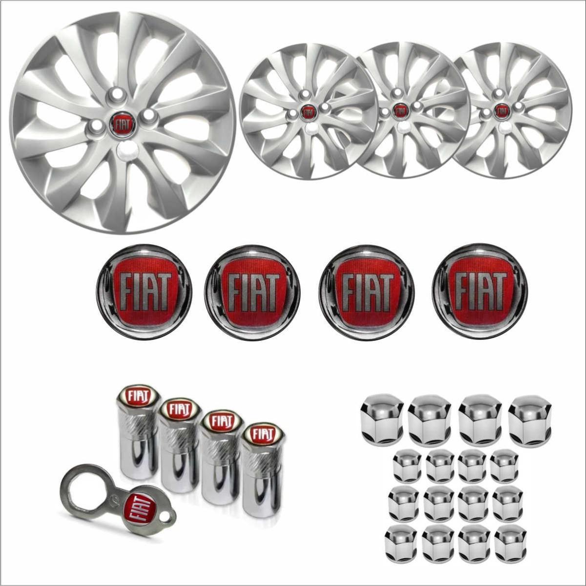 Jogo Calota Aro 15 Idea 2014 à  2016 Fiat + Emblema Resinado + Tampa Ventil + Capa Parafuso