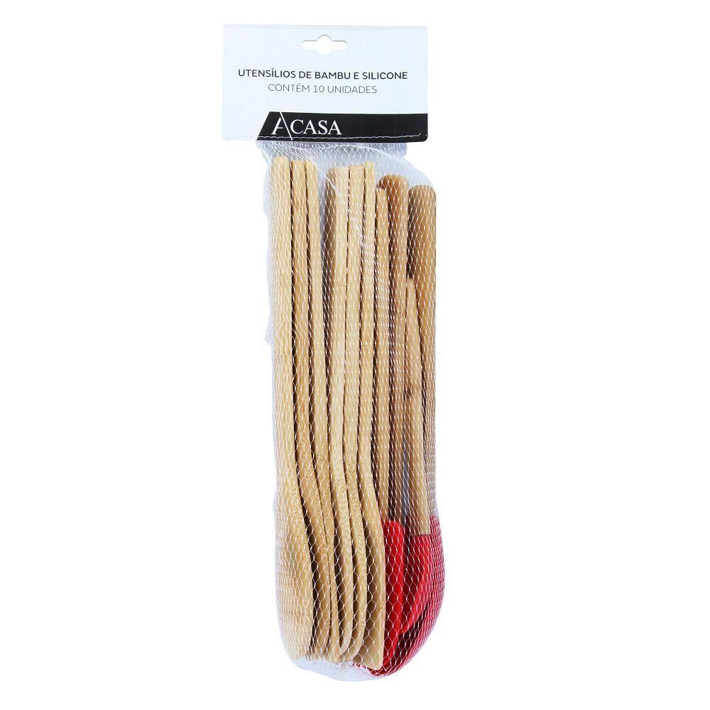 Kit de Utensà­lios Bambu Vermelho com 10 Peças - A/CASA