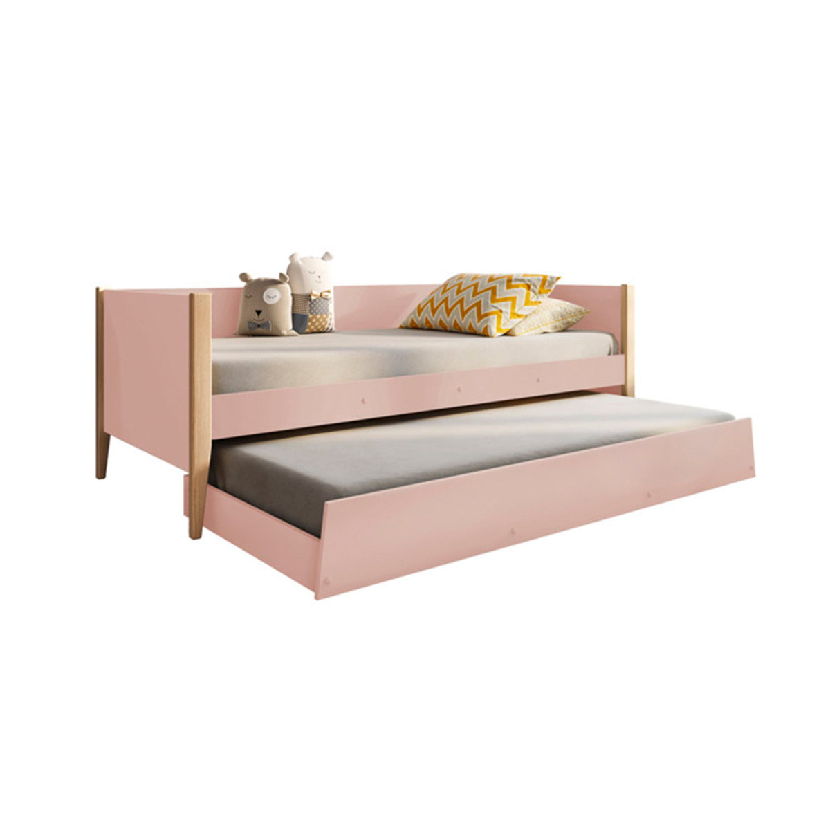 Bicama Noah com Pés em Madeira Natural - Rosa Fosco