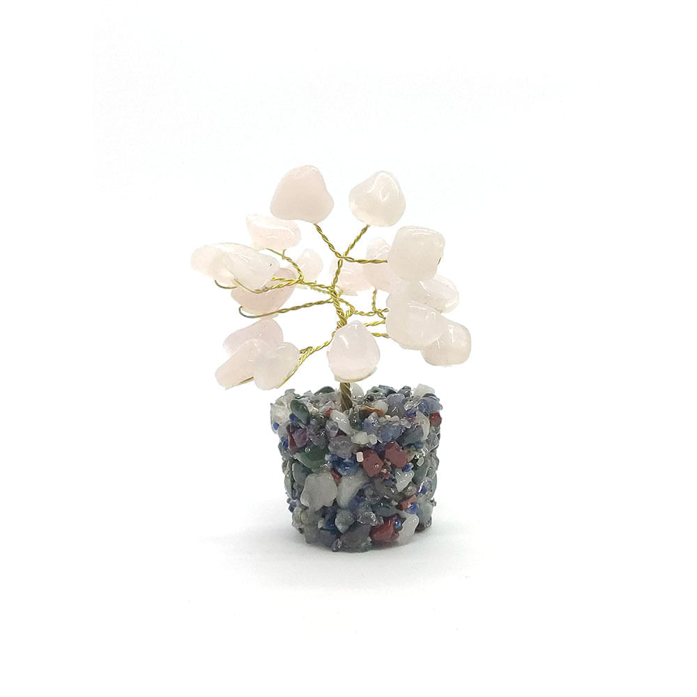 àrvore de Pedra Quartzo Rosa com Base Mix de Cristais - Altura 9 (cm)