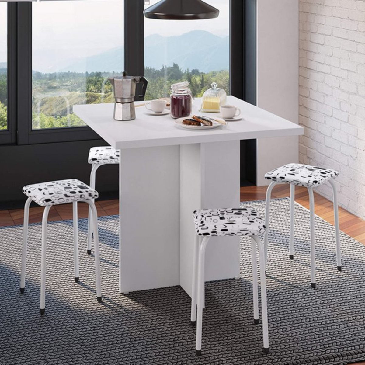 Conjunto Mesa e 4 Bancos Estofados Verona Bona Vita Móveis Branco/Preto