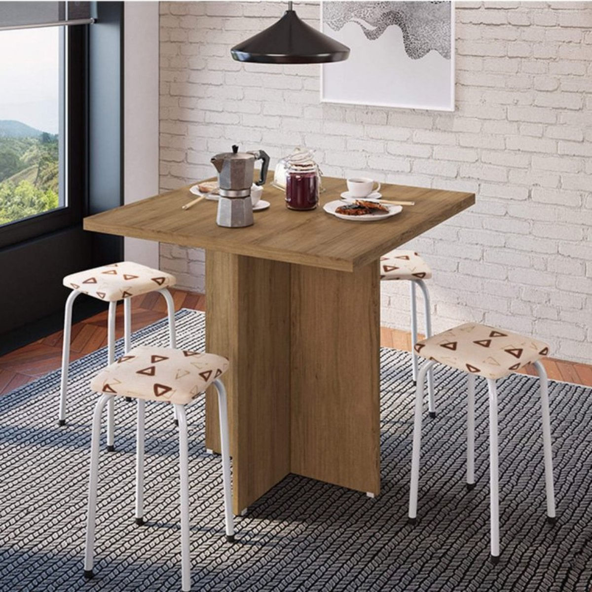 Conjunto Mesa e 4 Bancos Estofados Verona Bona Vita Móveis Madeirado/Bege/Marrom