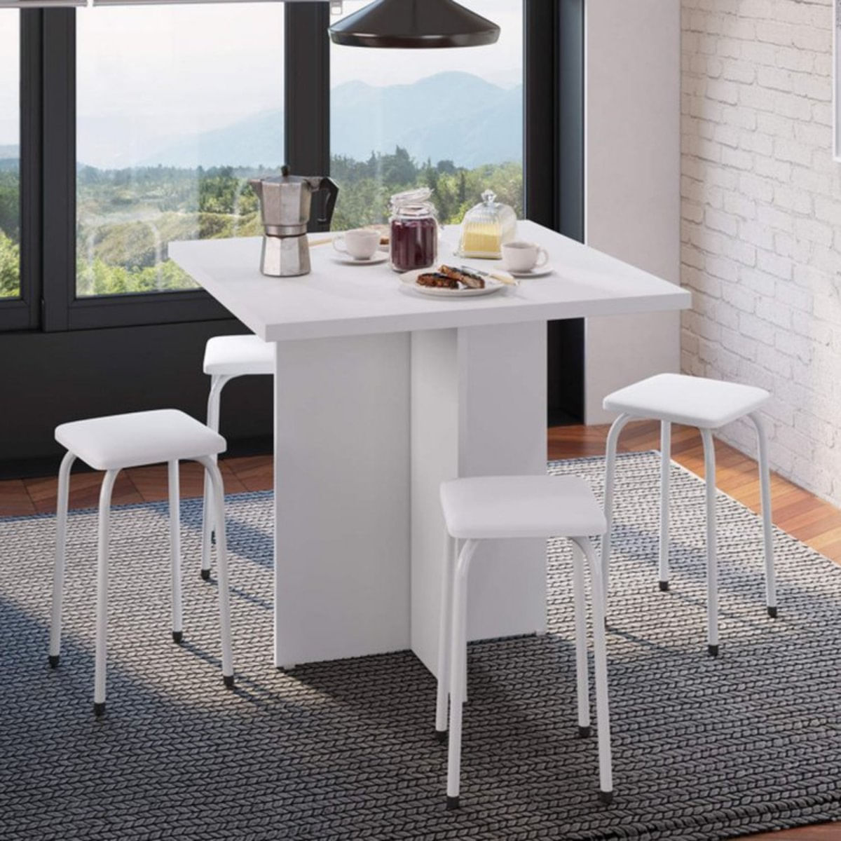 Conjunto Mesa e 4 Bancos Estofados Verona Bona Vita Móveis Branco