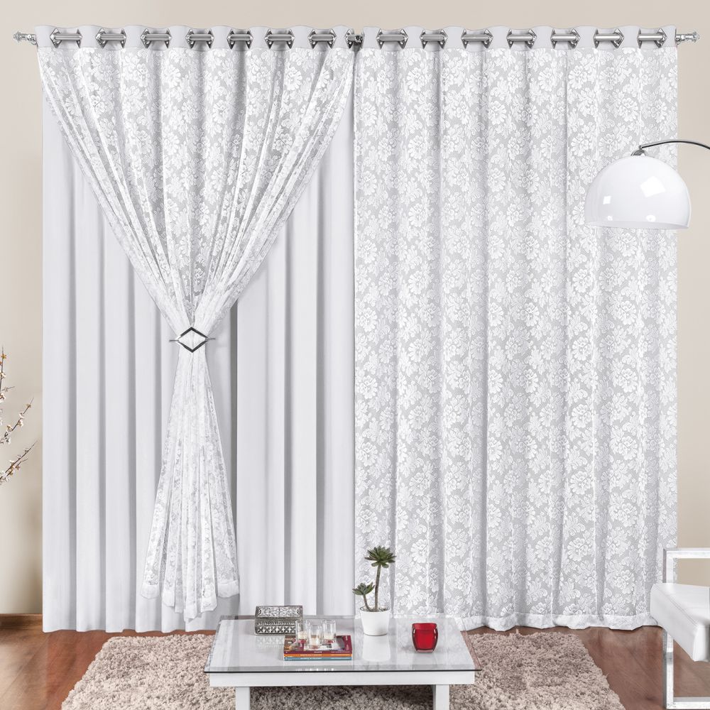 Cortina 4 Mt Sala Quarto Renda com Malha para Trilho Comum Baratissima Branca