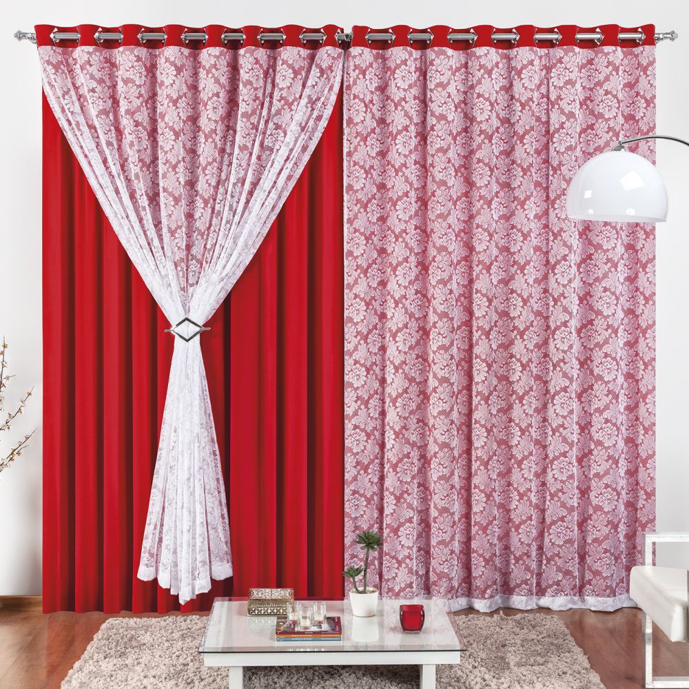 Cortina 4 Mt Sala Quarto Renda com Malha para Trilho Suisso Baratissima Vermelho