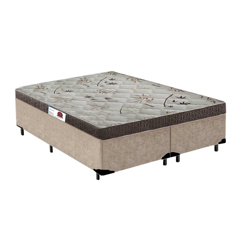 Cama Box Queen Colchão Espuma D33 Bordado + Box Bipartido Suede Bege Serra Negra 59x158x198