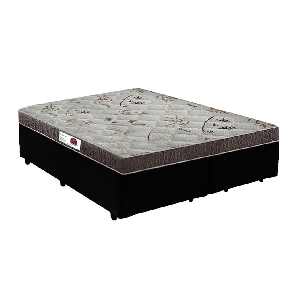Cama Box Queen Colchão Espuma D33 Bordado + Box Bipartido Sintético Preto Serra Negra 59X158x198