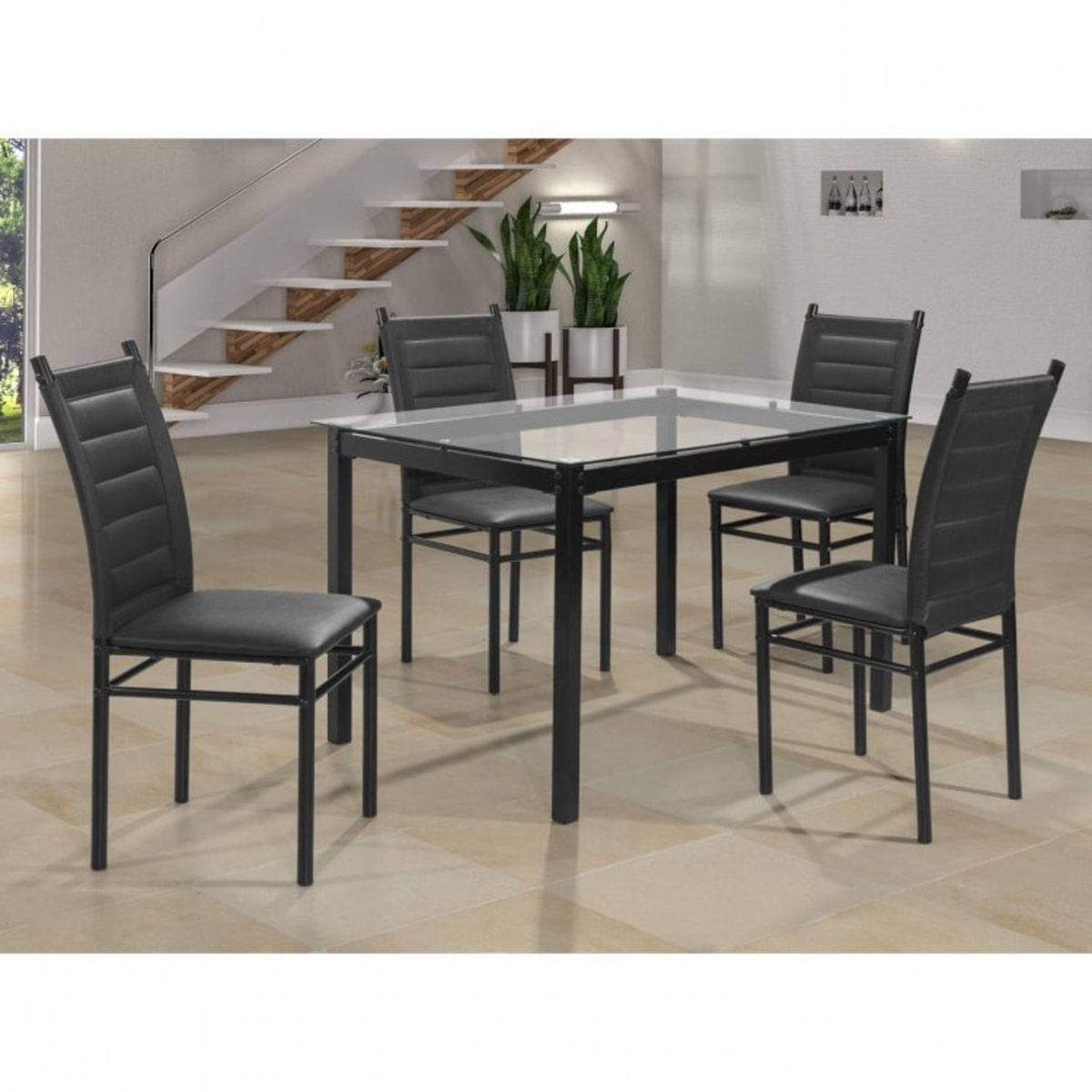 Conjunto Sala de Jantar Mesa Tampo de Vidro 80cmx120cm 4 Cadeiras Ivete Espresso Móveis