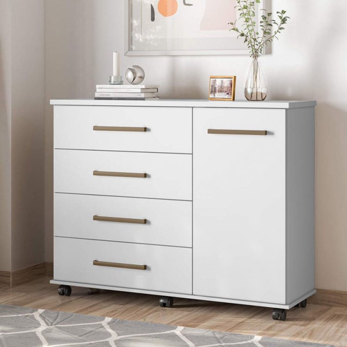 Cômoda 4 Gavetas 1 Porta Flora Demóbile Branco