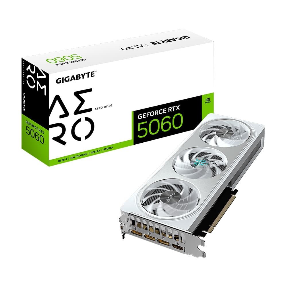 Placa de Vídeo Gigabyte RTX 5060 AERO OC 8G NVIDIA GeForce, 8GB GDDR7, 128bits, DLSS, Triple Fan, Ray Tracing - GV-N5060AERO OC-8GD