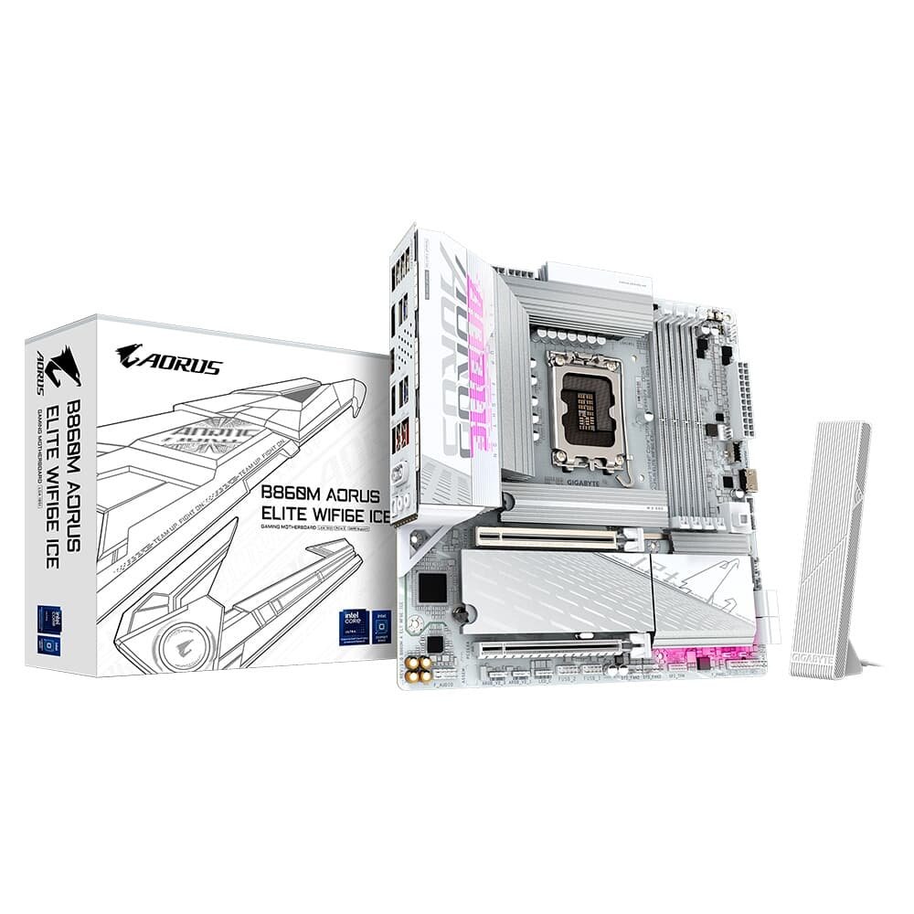 Placa Mãe Gigabyte B860M AORUS ELITE WIFI6E ICE, Intel, Micro ATX, DDR5, Wi-Fi 6E, Bluetooth, Branca - B86MLI6-00