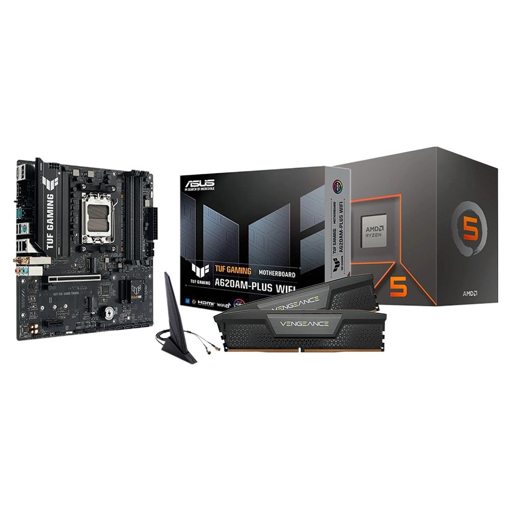 Kit Placa Mãe ASUS TUF GAMING A620AM-PLUS WIFI + Processador AMD Ryzen 5 8500G, 3.5 GHz + Memória RAM Corsair Vengeance, 32GB (2x16GB), 5200MHz