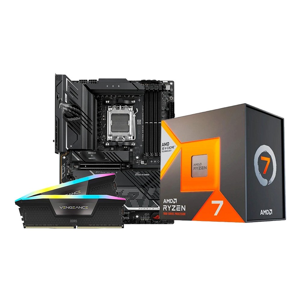 Kit Placa Mãe ASUS ROG STRIX X870E-H GAMING WIFI7 + Processador AMD Ryzen 7 7800X3D + Memória  RAM Corsair Vengeance RGB, 32GB (2x16GB), 6200MHz