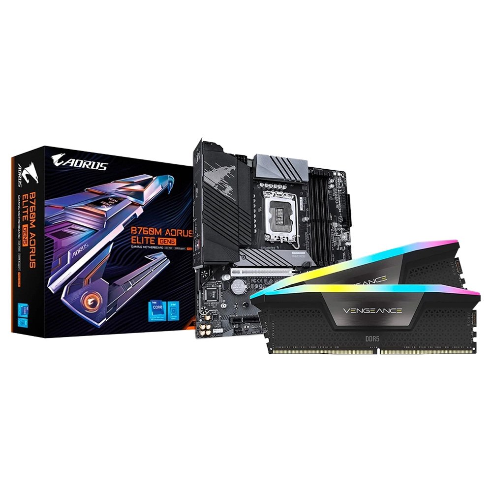 Memória RAM Corsair Vengeance RGB, 32GB (2x16GB) + Placa Mãe Gigabyte B760M AORUS ELITE GEN5